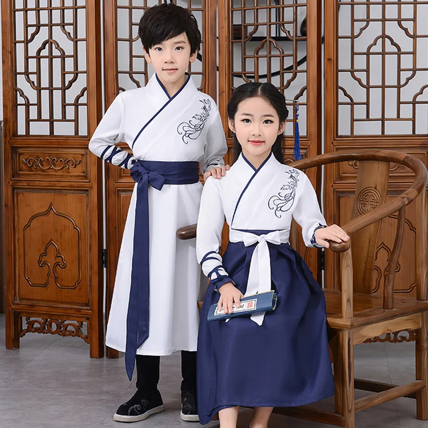 Древний Hanfu детский танцевальный костюм для взрослых, народное платье для девочек и мальчиков, традиционная китайская одежда, стильные праздничные наряды, нарядная сцена