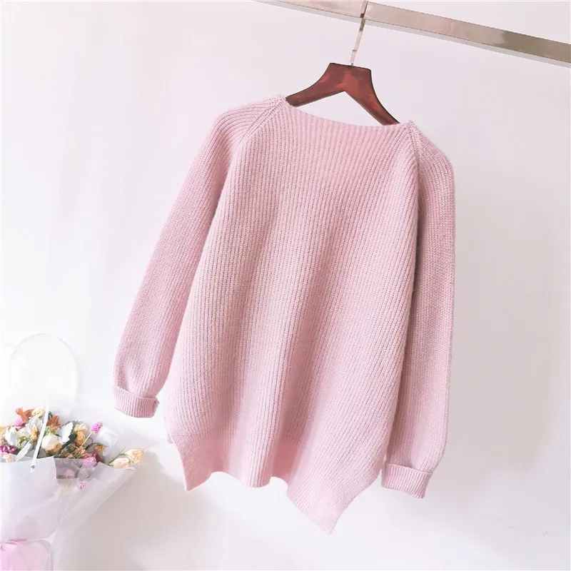 2019 Winter new sweaters solid color V-neck pullover women's full sleeve casual cotton autumn | Женская одежда