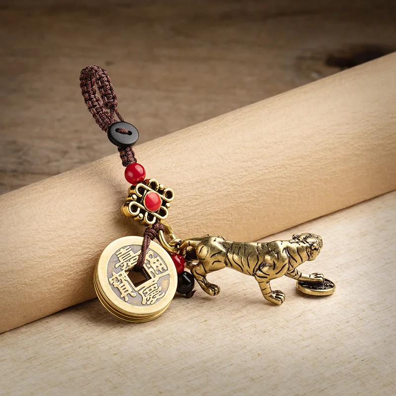 Винтажный латунный брелок с животным тигром подвески ручная работа веревка