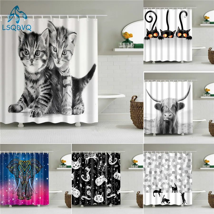 

Cartoon Animals Cat Elephant Deer Giraffe Shower Curtains Bathroom Curtain Waterproof Polyester Bath Curtain with 12 Hooks