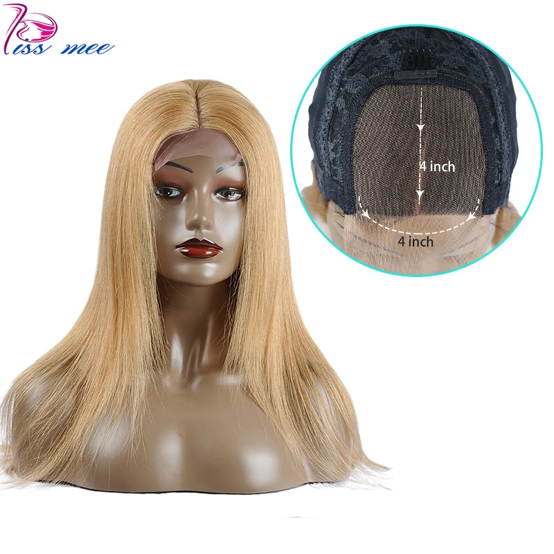 Kissmee бразильские волосы блонд парик шнурка человеческих волос Закрытие парики 4*4