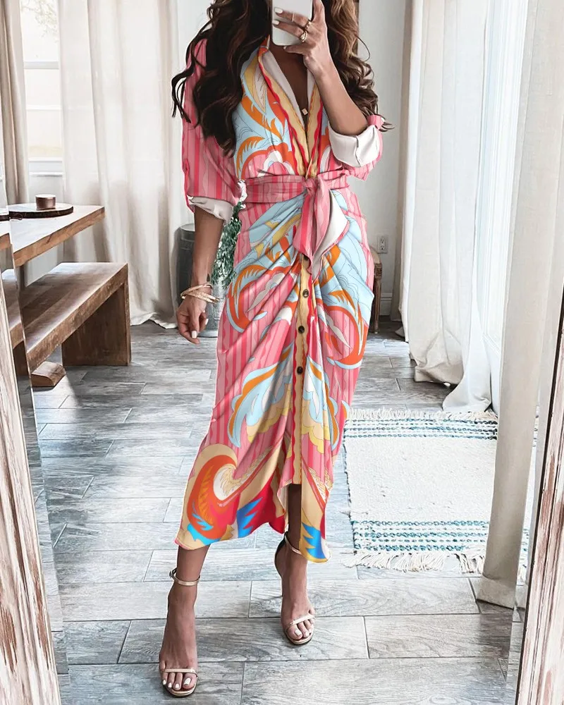 

2021 Women Sexy Deep V Draped Shirt Long Dress Fashion Button Slit Bandage Beach Dress Lady Casual Short Sleeve Dresses