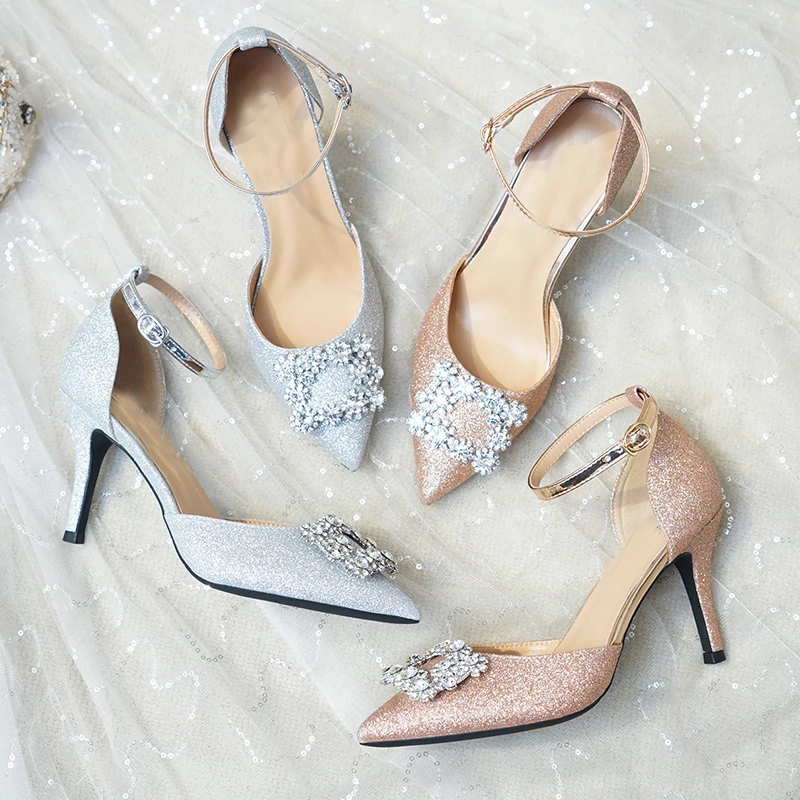 Блесток невесты женские свадебные туфли серебристого цвета на высоком каблуке