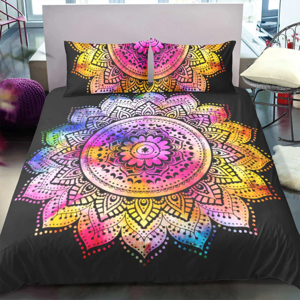 Комплект постельного белья 3D в богемном стиле черные цветные подсолнухи мандала