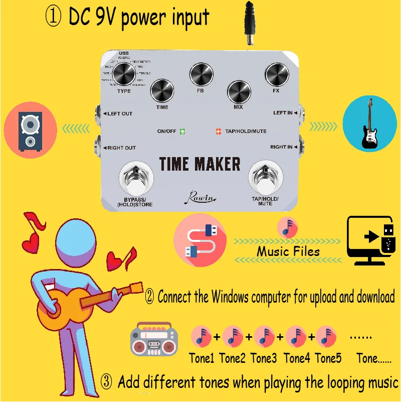 Педаль гитарная Rowin серии Twin Looper &amp Time Maker и металлические педали с металлическим