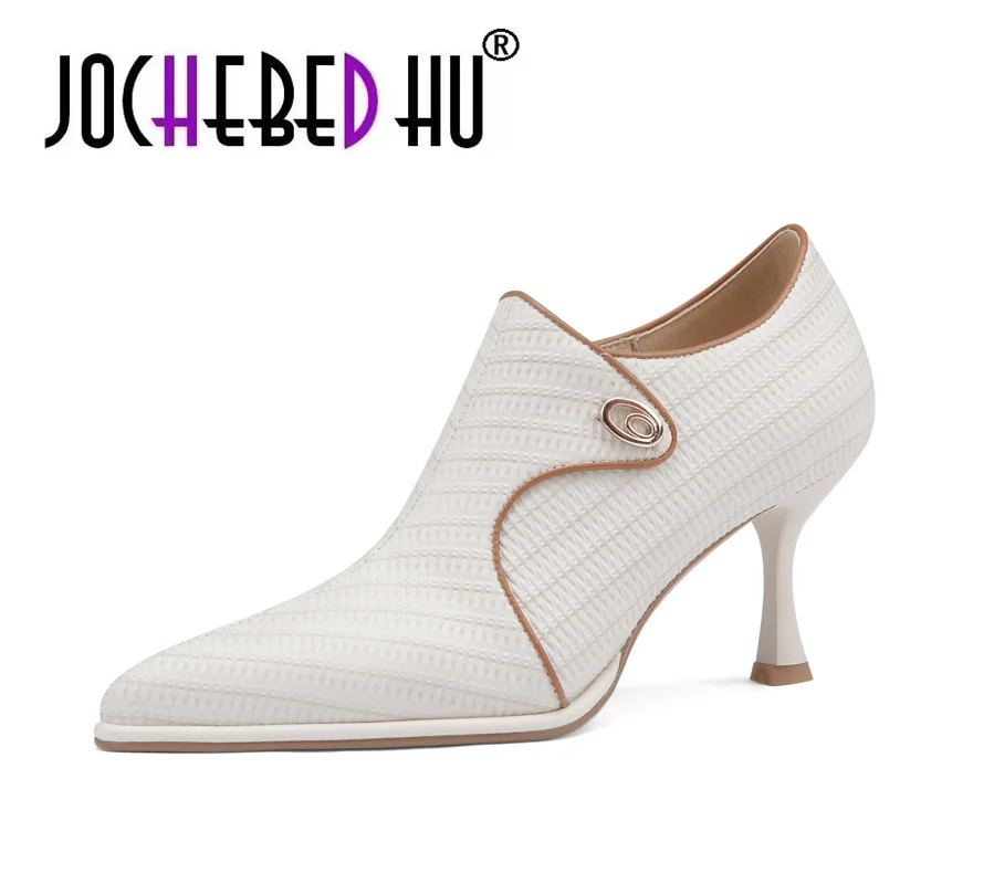 

【JOCHEBED HU】Elegant Women's Pumps Metal Decoration Fashion Shoes Spring Autumn Pointed Toe Leather Non-slip Female Shoes