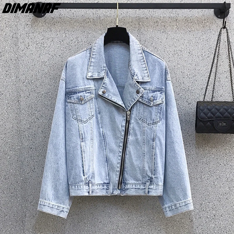 

Женская куртка с отложным воротником DIMANAF, Свободный кардиган синего цвета в Корейском стиле, верхняя одежда на молнии для зимы, 2021