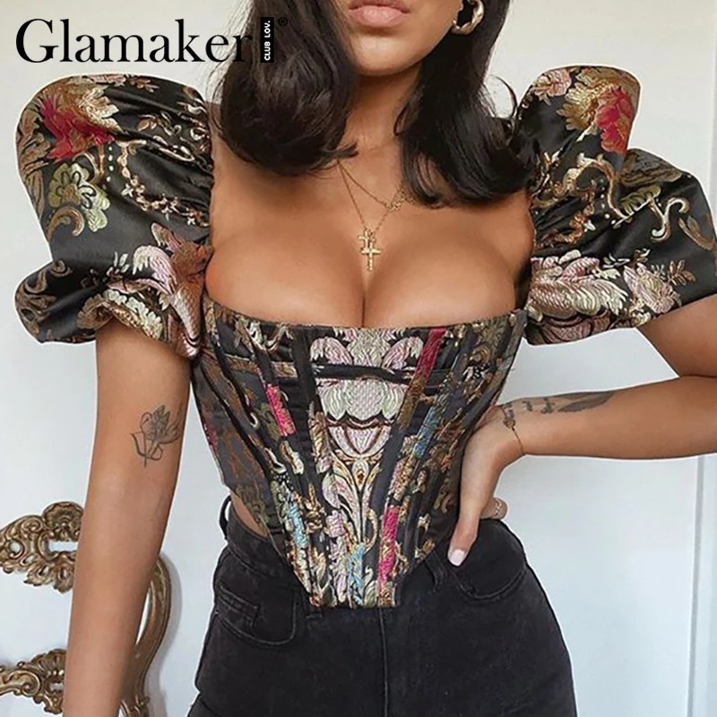 Glamaker Цветочная вышивка пышная блуза с рукавами фонариками для женщин