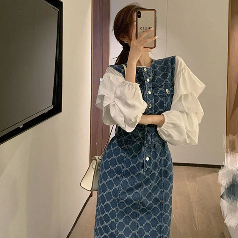 

Ladies' style suit ladies' fashion ladies' temperament denim dress women's autumn and winter two piece suit waist slim medium