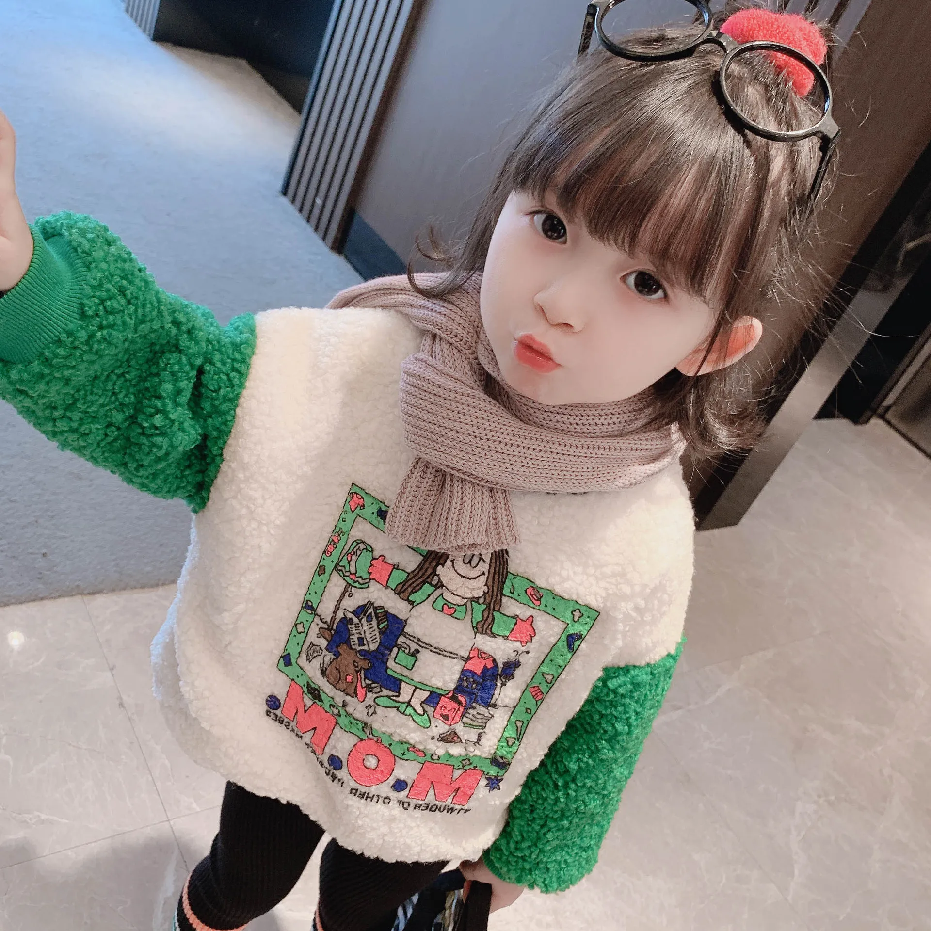 

Fashion Splicing Winter Warm Cartoons Clothes Girls Sweater Kids Plus Velvet Toddler Teens Tops Thicken Children High Quality