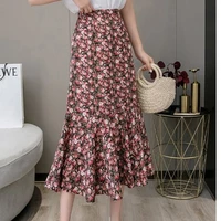 2021 summer new korean temperament chiffon high waist print floral a line skirts women fishtail elegant slim skirt female boho