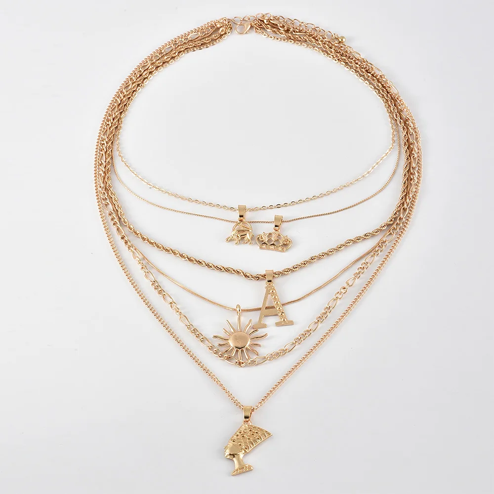 Fashion Gold Color Necklace Crown Sun Egypt Queen Head Pendant Necklaces for Women 2019 Jewelry Layered | Украшения и аксессуары
