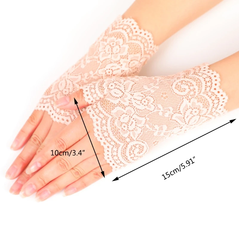 

28TF UV Protection Lace Hand Cover Elastic Floral Gloves Half Finger Driving Gloves