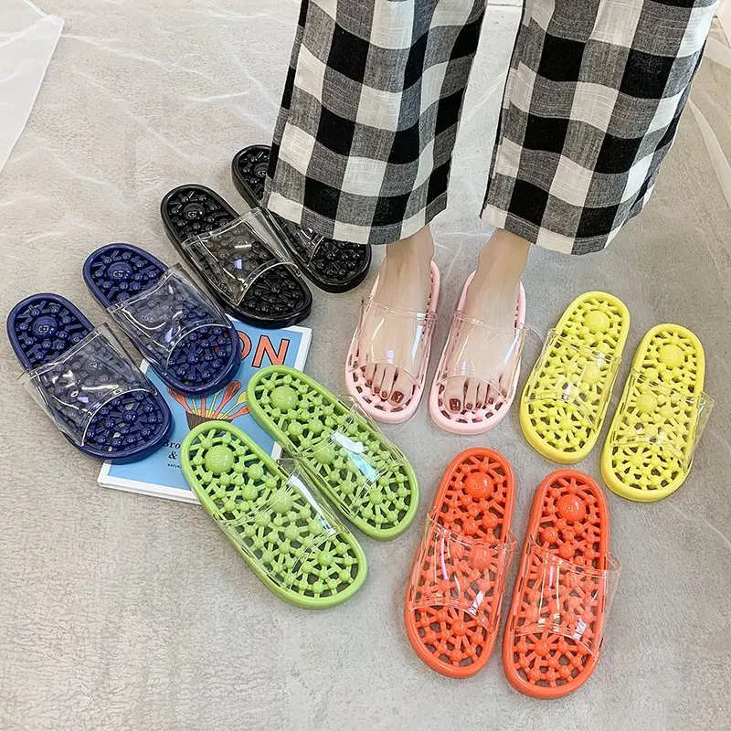 

Acupressure Massage Slippers Men Women Transparent Candy Color Non-Slip Bathroom Health Foot Massage Beads Couple Home Slippers