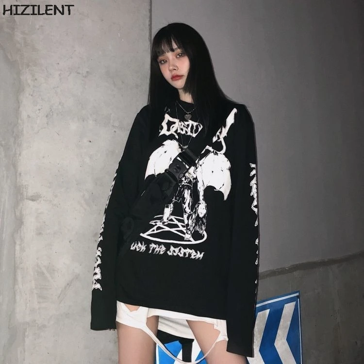 

Harajuku demon Print Summer Fashion Female Long sleeve Casual Vintage women black tees top Punk Gothic T-shirts Loose Streetwear