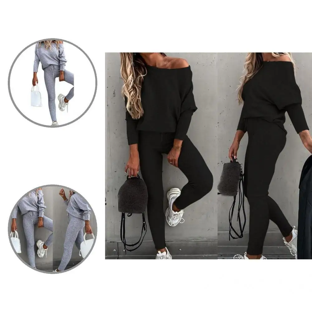 

Elastic Waist Autumn Winter Pure Color Slanted Neck Top Pants for School