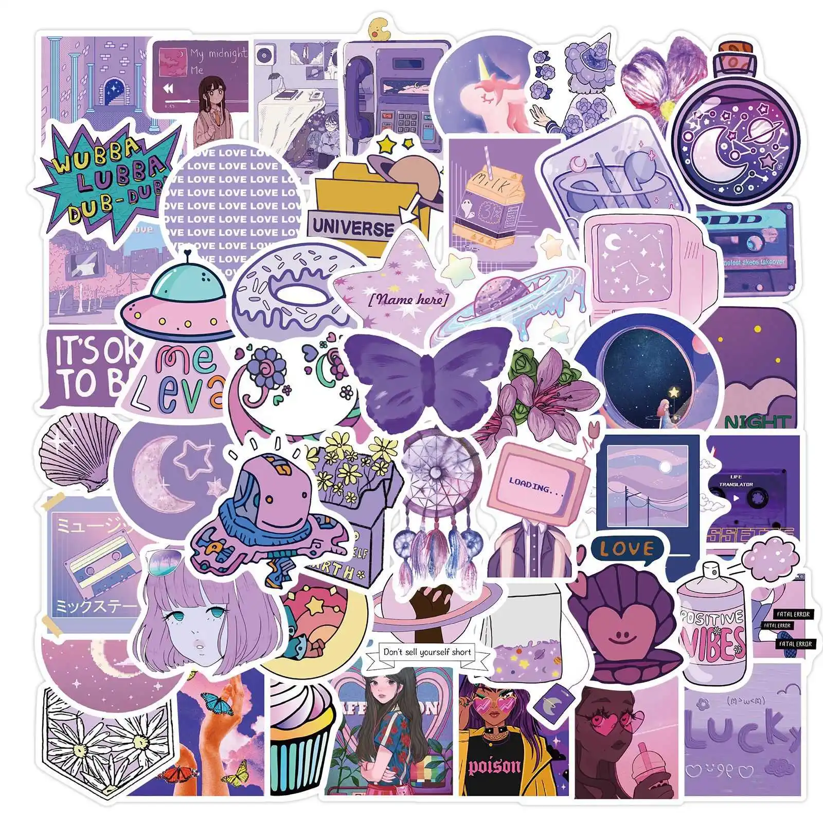 

50pcs/SET Cute Purple Theme Sticker Waterproof fit Car Laptop Skateboard Surfboard Luggage Bicycle Kids Toy Home Decor