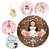 Boy Girl Baptism Round Backdrop Cover Wood Board Pink Flower Baby Shower Circle Background My First Communion Decoration Table