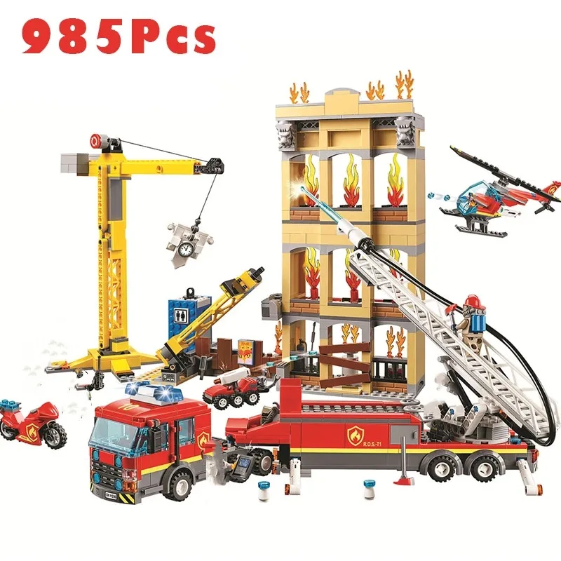 

985PCS New City Fire Brigade Station Building Block Toys Firefighter Action Figure Brick Toys Children christmas birthday Gift