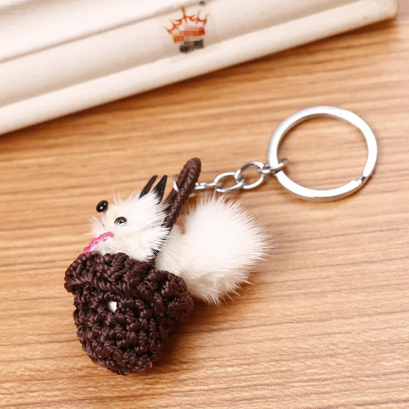 

Fashion Cute Fluffy Fur Basket Puppy Animal Toy Keychain Women Girl Key Chain Small Jewelry Pom-pom Dog Bag Colorful Keychain