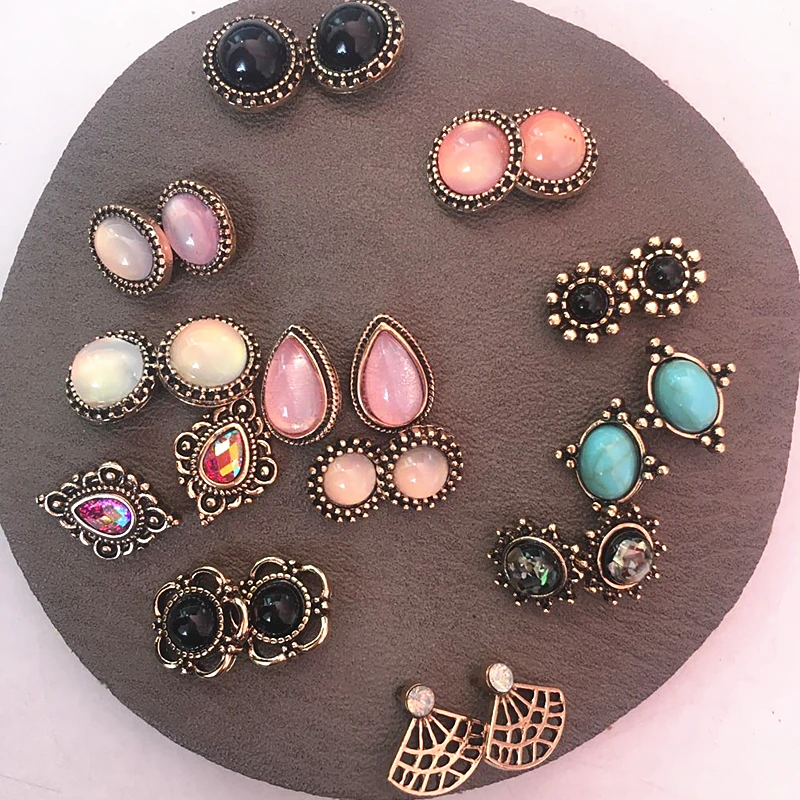 C AOMU, 12 пар носочков Vintage Opal камень со стразами и жемчугом, эмаль, смола геометрический металлического сердечка серьги-гвоздики Комплект сережек для женщин и девочек вечерние ювелирные изделия - Окраска металла: C