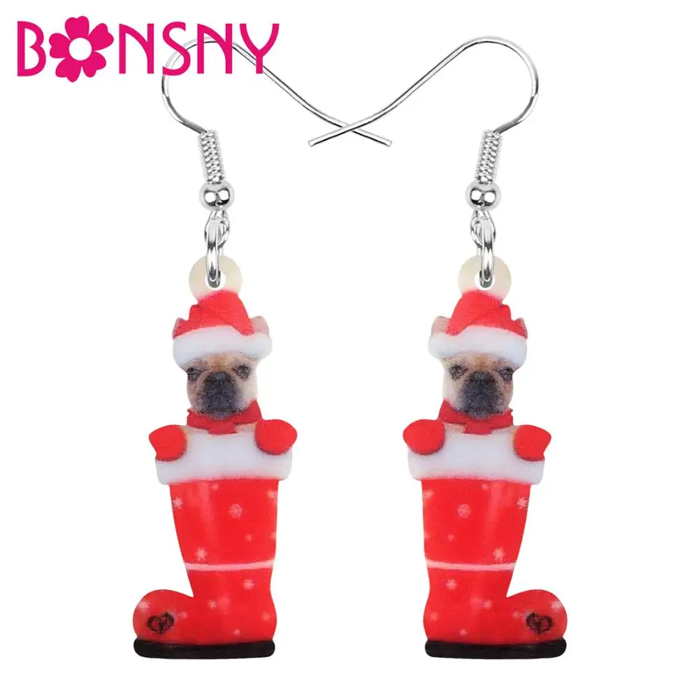 

Bonsny Acrylic Christmas Sock Hat Pug Dog Earrings Drop Dangle Jewelry Animal Accessory For Women Girl Teen Kid Decorations Gift