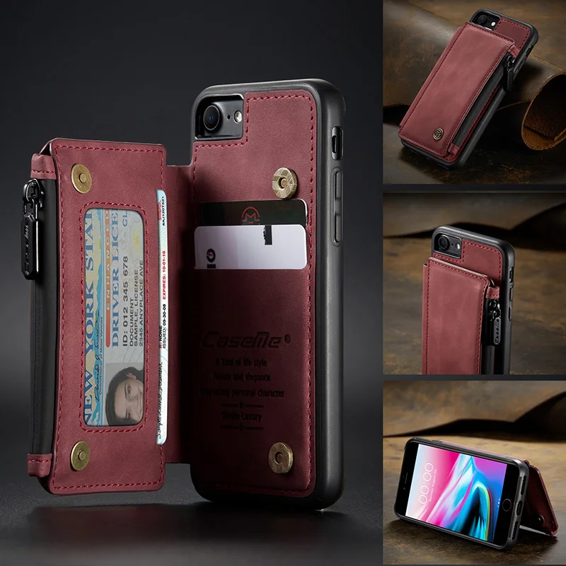 

Case for IPhone 7 8 SE 2020 Plus Vintage Leather Wallet Case RFID Blocking Card Slots Kickstand Magnetic Clasp Zipper Pocket