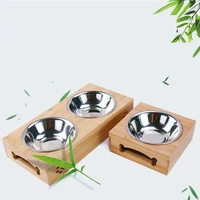 cat feeder bamboo frame rack pet single double bowl dog drinking water feeding food dishes stainless steel puppy eating bowls