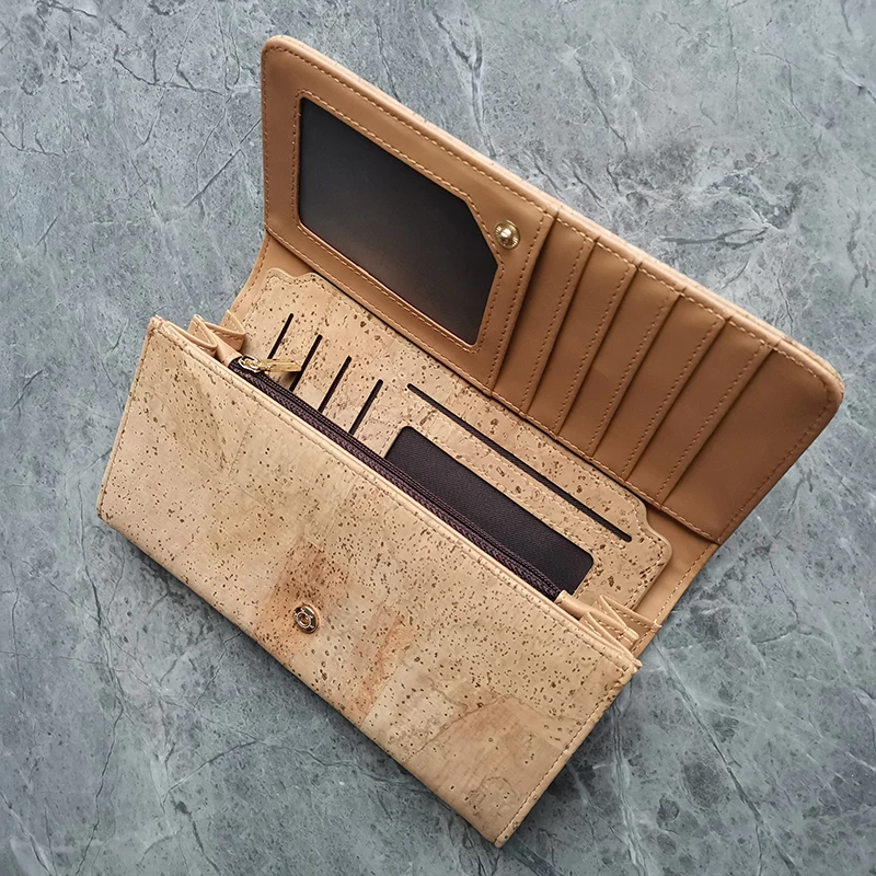 2 in 1 Multifunction Unisex Solid Beige Rustic Natural Cork Wallet with Cards Photo Slots for Vegan