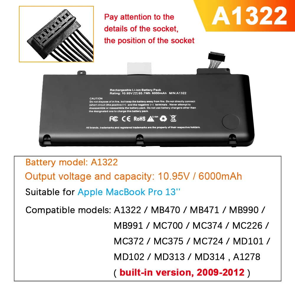 

A1322 Laptop battery for Apple Macbook Pro 13 inch Notebook replace Batteries A1278 MB470 MB471 MB990 MB991 MC700 MC374