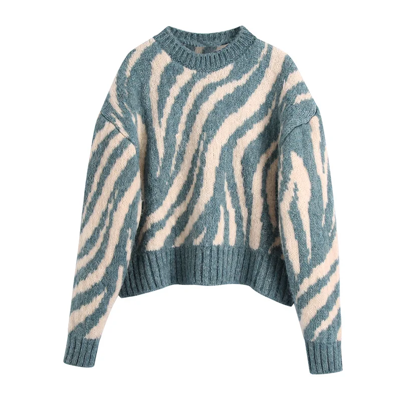 

Women's Sweater O-Neck Zebra Knitted Pullover Jumper Knitwear Fall Winter England Style Female Streetwear Tops Casual Fashion