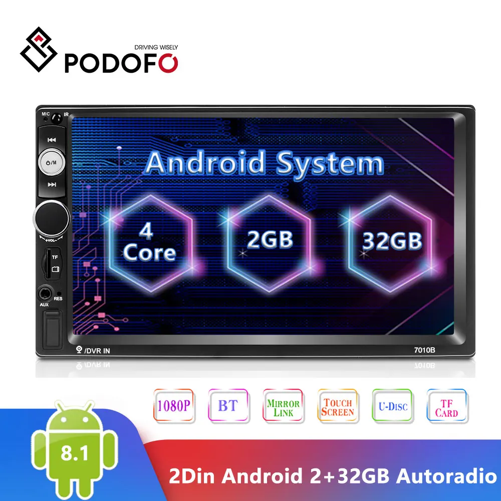Podofo Android 2 din + 32 ГБ автомобильное радио 7 &quotАвторадио мультимедийный плеер GPS