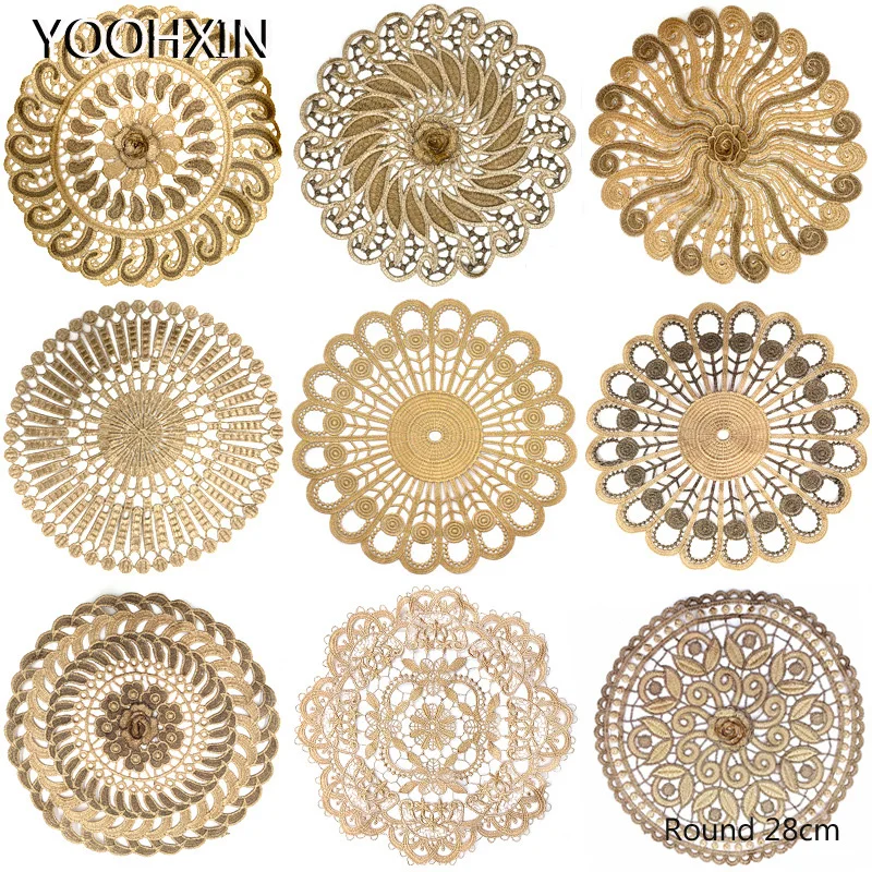 

NEW 3D Gold Lace Round Embroidery table place mat Christmas pad placemat cup mug tea dish coaster Wedding Napkin doily kitchen