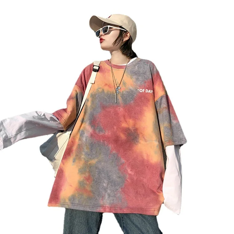 

Color Tie-dye Harajuku Style Top Women 2021 Summer New Loose Couple Short-sleeved T-shirt Female Half-sleeved Oversized T-shirt