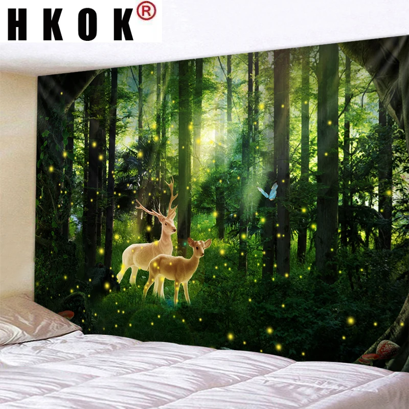

HKOK Forest Elk Tapestry Wall Rugs Wall Hanging Fabric Mural Background Cloth Towel Beach Fabric Blanket Bedroom Home Decor