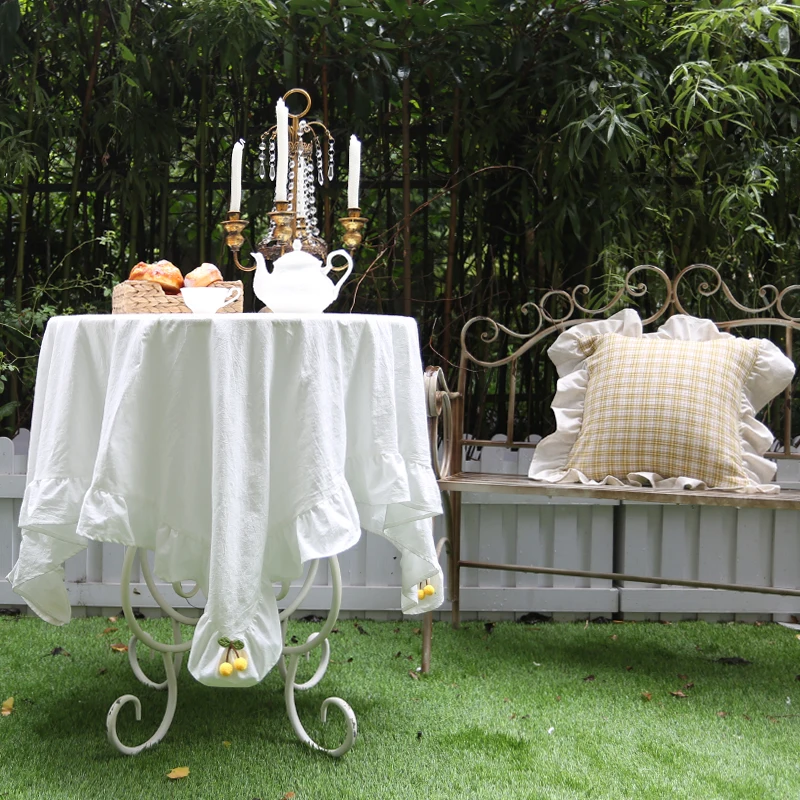 

Белая скатерть с оборками и каймой юбки с украшением в виде желтой вишни, скатерти на стол для свадьбы, дома, банкета, французская Ретро дома...