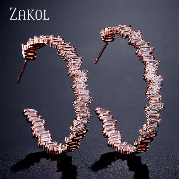 Rose Gold Color ZAKOL Роскошные багет Мода AAA кубического циркония T обруч с камнем Серьги для женщин аксессуары FSEP2254 - Окраска металла: Rose Gold Color