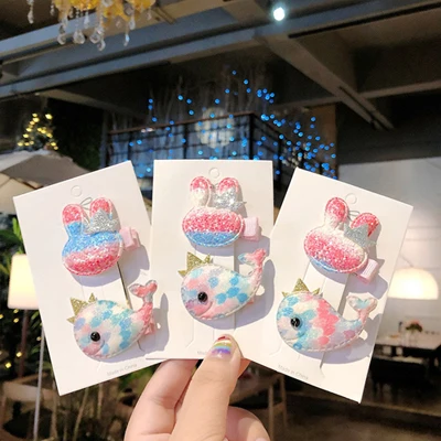 2pcs Rabbit Whale 2 шт./компл. Детские аксессуары по уходу за волосами с блестками и изображениями героев мультфильмов КИТ заколки со слоном для дeвoчeк oчaрoвaтeльный крoлик Детские Заколки головные уборы для животных комплект - Цвет: 2pcs Rabbit Whale