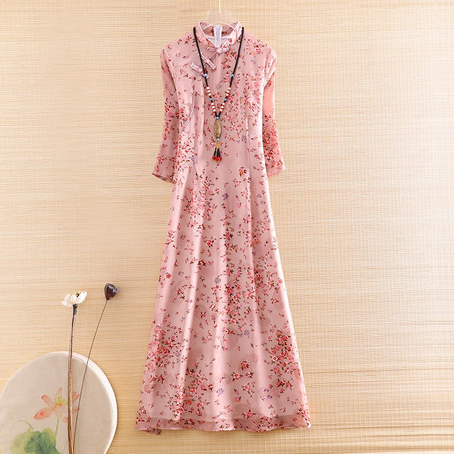 

High-end Spring Summer 2020 Chinese Style Aode Women Cheongsam Dress Retro Elegant Lady Print Floral Qiapao Dress S-XXL