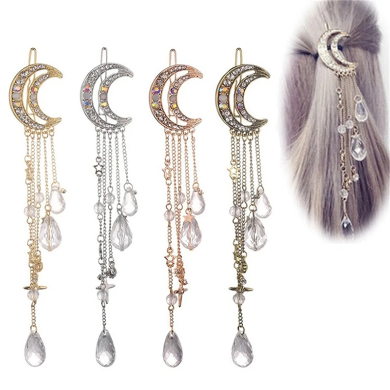 

Five-pointed Star Moon Rhinestone Crystal Pendant Hair Accessorie Girl Long Chain Beads Elegant Fashion Tassel Hairpin Hair Clip