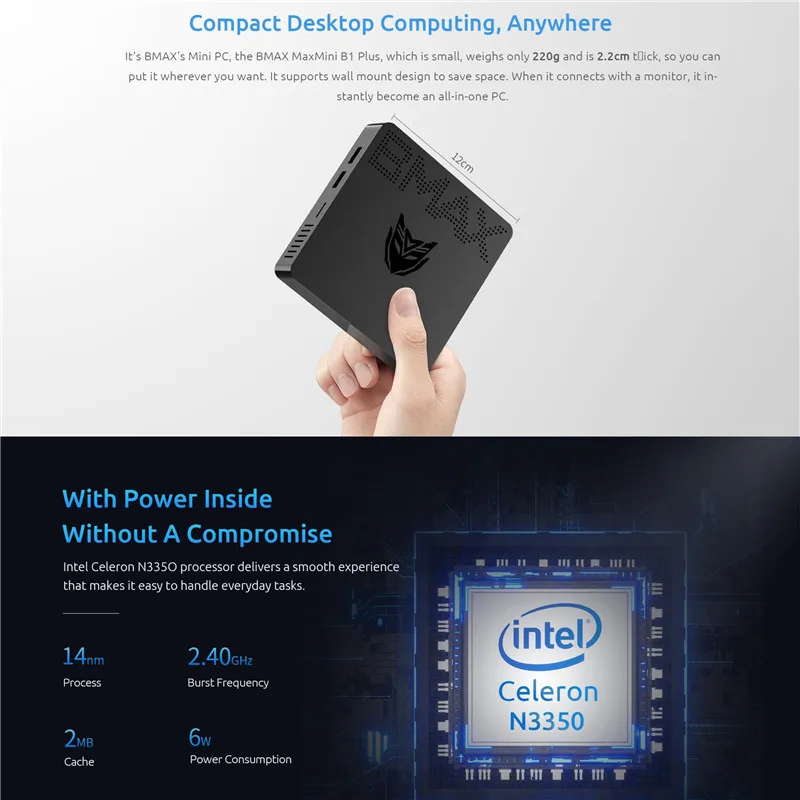 Настольный мини ПК BMAX B1 Plus игровой Windows 10 Intel Celeron N3350 6 ГБ 64 Гб Двухъядерный HD Graphics 500