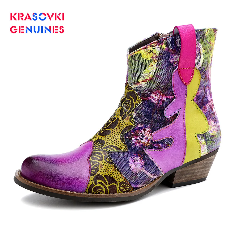 

Floral 2020 New Genuine Leather Ankle Boots For Women Spring Autumn Ladies Shoes Woman Flower Bohemia Booties