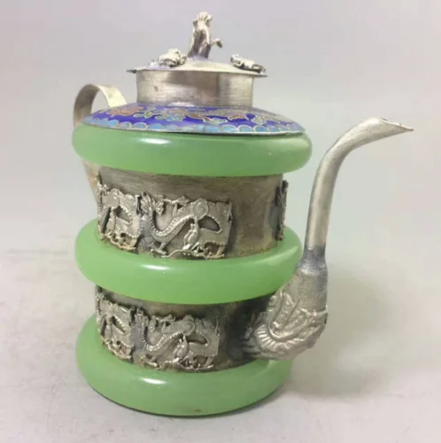 CHINESE TIBET SIVER HANDWORK DRAGON OLD GREEN JADE TEAPOT |