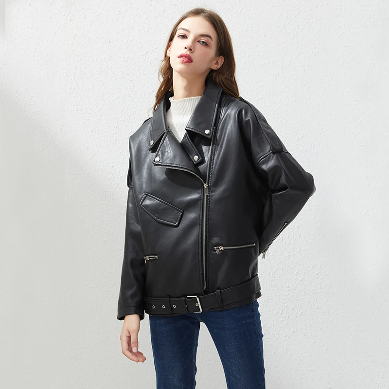 

Autumn Winter Casual Biker Jackets Outwear Female Tops BF Style Black Leather Jacket Coat PU Faux Leather Jacket Women