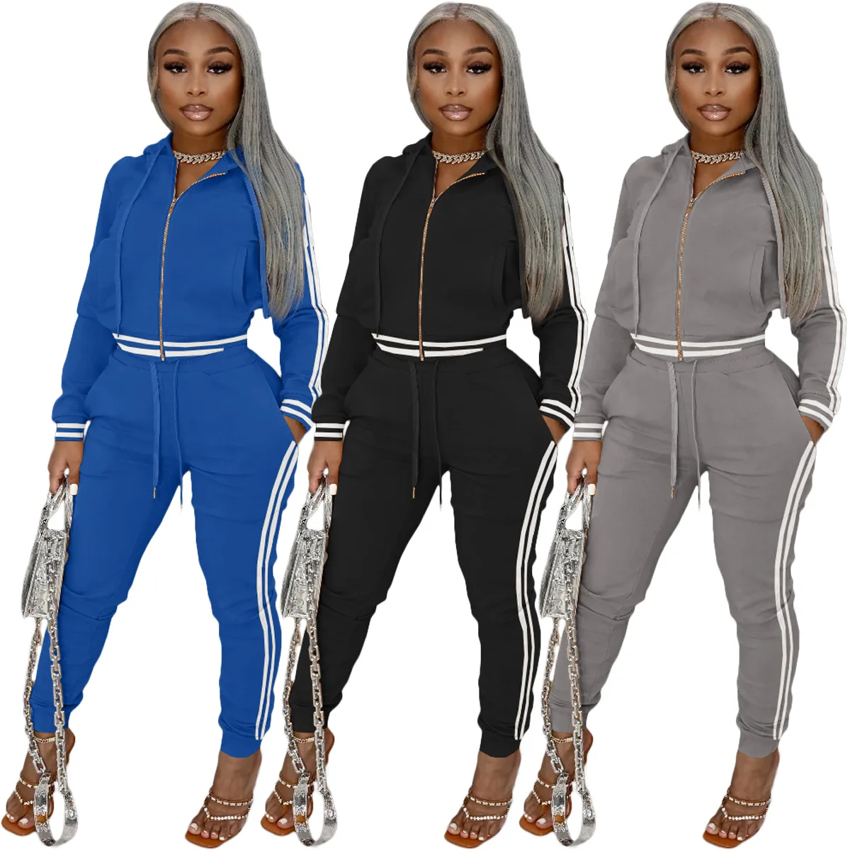

53ZH8567 Autumn Winter Women Casual Fashion Ribbon Zipper with Hood Two Piece Set Top and Pants Tracksuit Sweatsuit Outfits Hot
