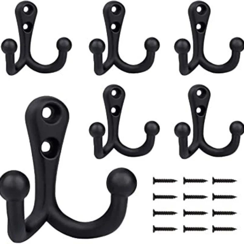 

6 Pack Retro Wall Hanger Hook Zinc Alloy Coat Hook Bathroom Accessories Double Hooks Black Wall Hook for Wood Slatwall Wardrobe