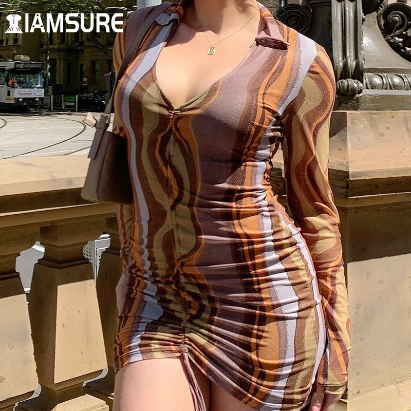 

IAMSURE Striped Printed Frawstring Shirt Dress Sexy Slim V-Neck Turn-Down Collar Long Sleeve Mini Dresses For Women 2021 Holiday