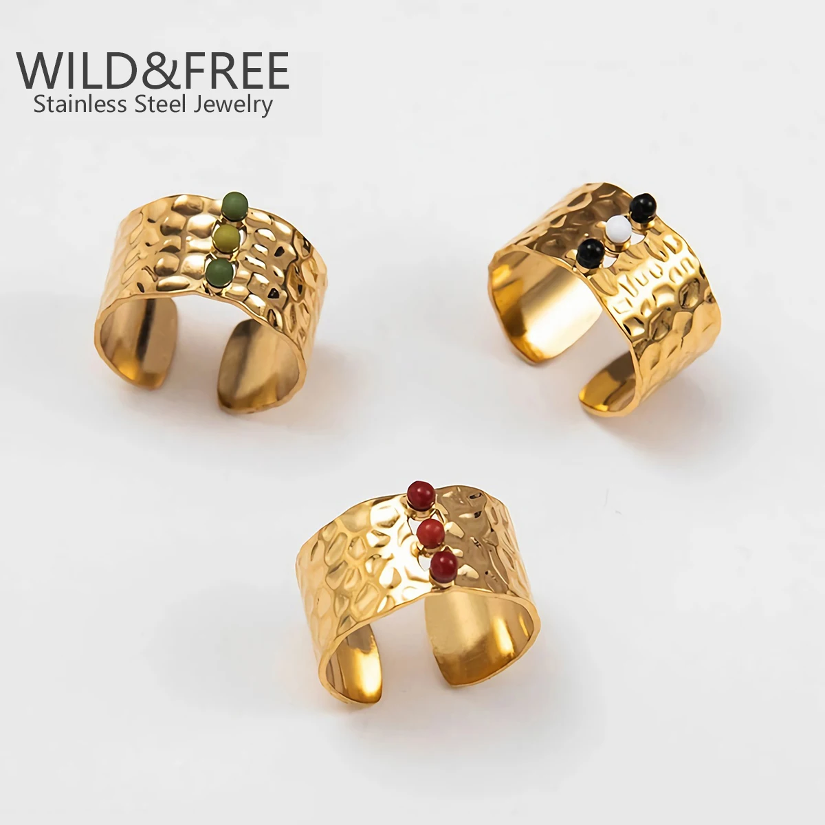 

New Gold Plated Wide Opening Finger Rings Jewelry For Women Stainless Steel Handmade Stone Concave Convex Adjustable Ring