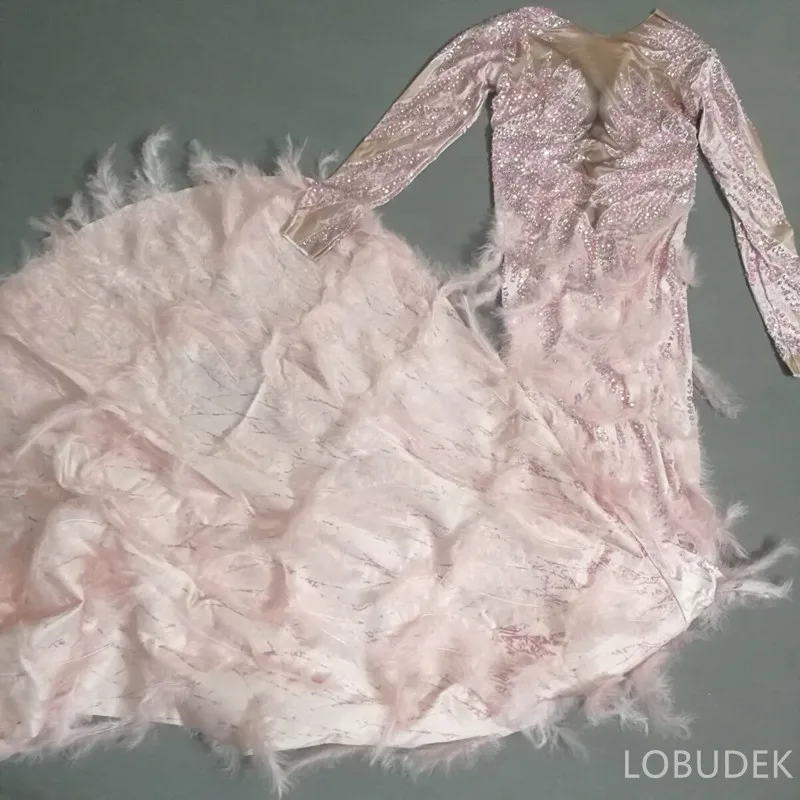 Роскошное длинное платье-Русалка с розовыми перьями и стразами Женский певец