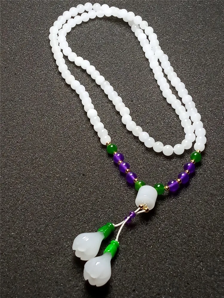 

LETSFUN Fine Jewelry Natural White Jade Magnolia Pendant Beads Handmade Knit Women Necklace Free Shipping